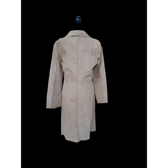 Womens Sz Large Genuine Suede Mid Length Western Trench Coat Pockets Light Tan - Picture 6 of 13